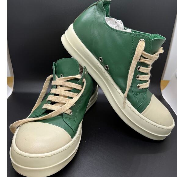Rick Owens Mainline Green/White Leather Low Top Lace-Up Sneakers 37964 Size 10